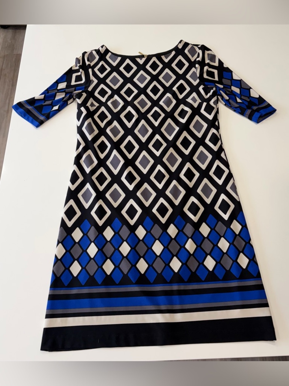 Eliza J Size 4 Geometric Print Blue & Black Shift Dress